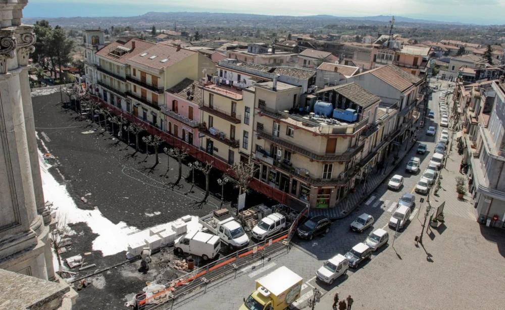 Volcanic ash on the streets and squares of Zafferana Etnea